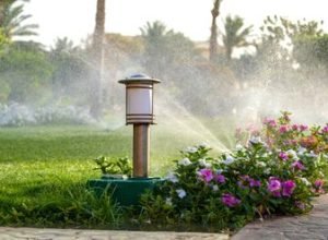 Plastic sprinkler irrigating flower bed on grass lawn with water in summer garden. Watering green vegetation duging dry season for maintaining it fresh. (Plastic sprinkler irrigating flower bed on grass lawn with water in summer garden. Watering green